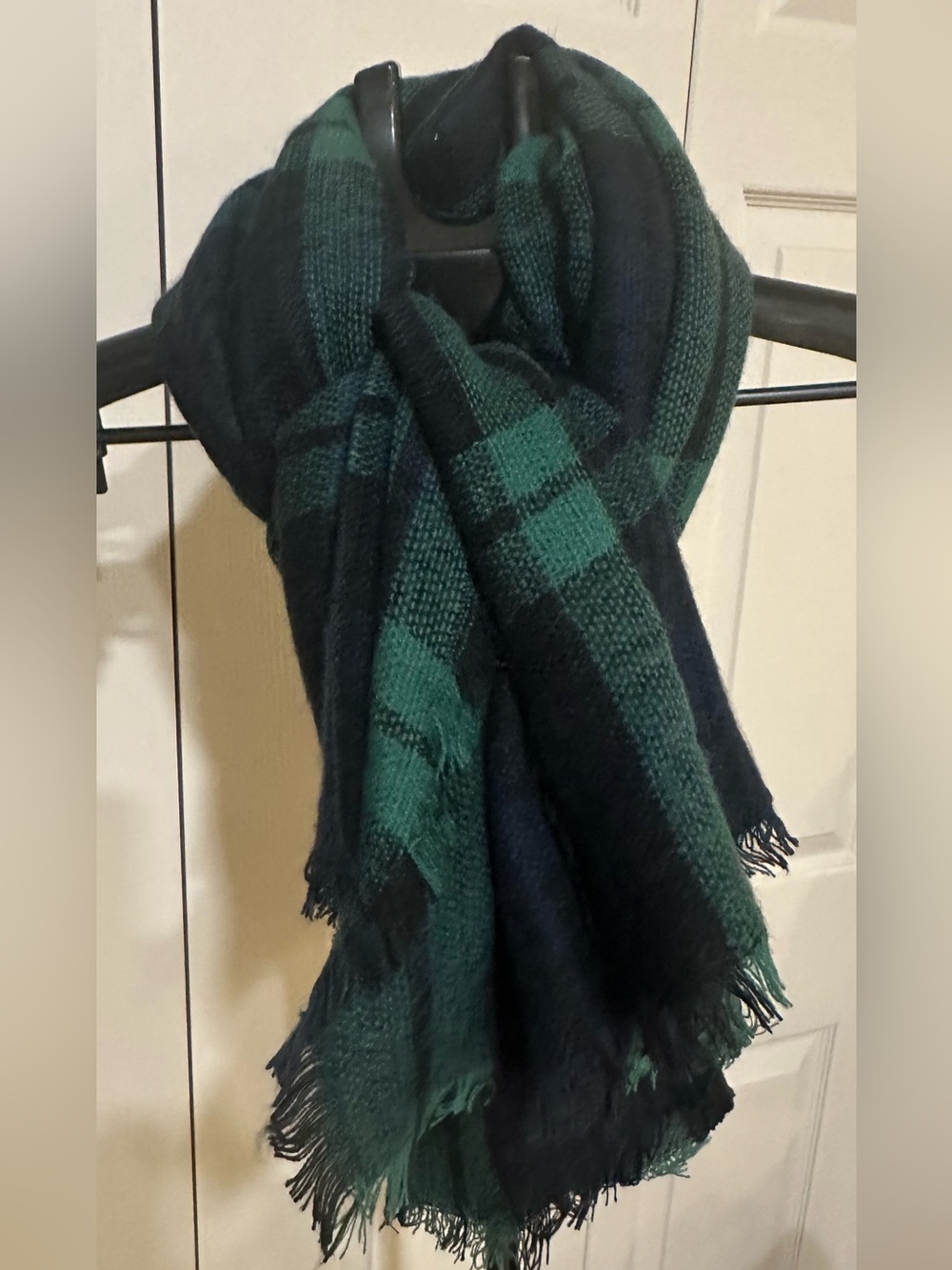 Soft Plaid Fringe Scarf - Green and Black